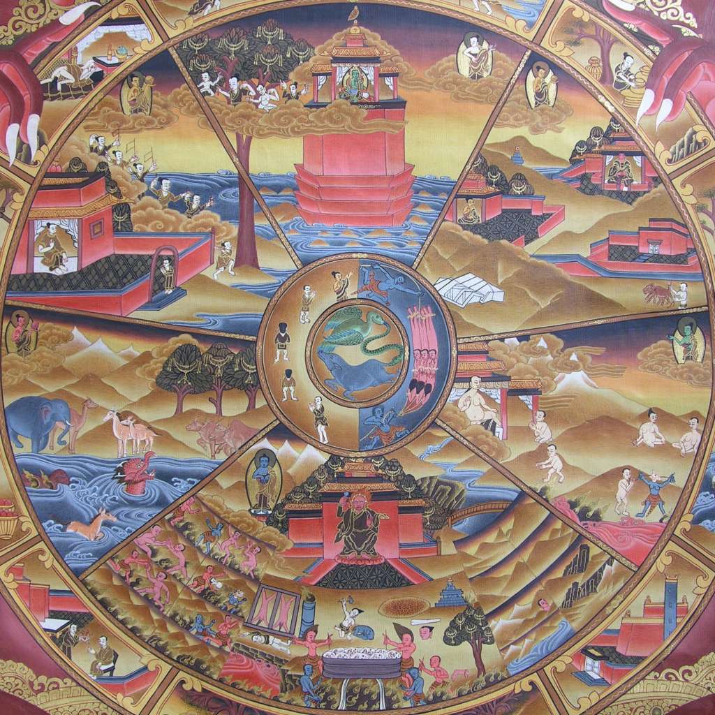 Tibetan Buddhism Wheel Of Life 06 00 Six Realms The third circle is divided into six segments that represent the six realms of mind and existence - gods, demigods, humans, animals, hungry ghosts, and hell beings. Rebirth in the higher realms occurs if skillful actions predominated in previous lives, while unskillful actions mean the lower realms. The six segments can also represent six states of mind which we can experience here and now, in our present human existence. Sometimes we can experience these states of mind so strongly that for the time being we seem actually to be living in another world - in heaven, hell, or among the hungry ghosts. Buddha appears in each of the six segments standing upright, offering something needed by the beings of each realm.